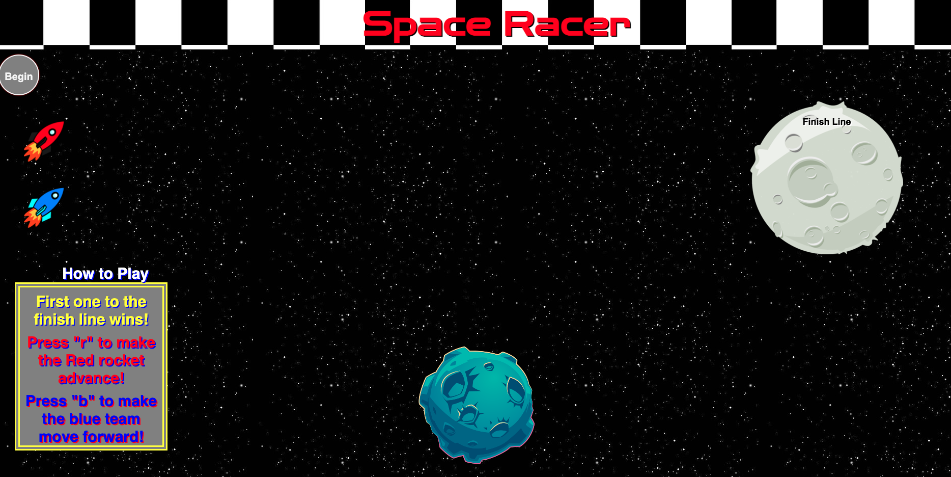 JS Racer game with On Click event handlers to get team red or blue to the finish line