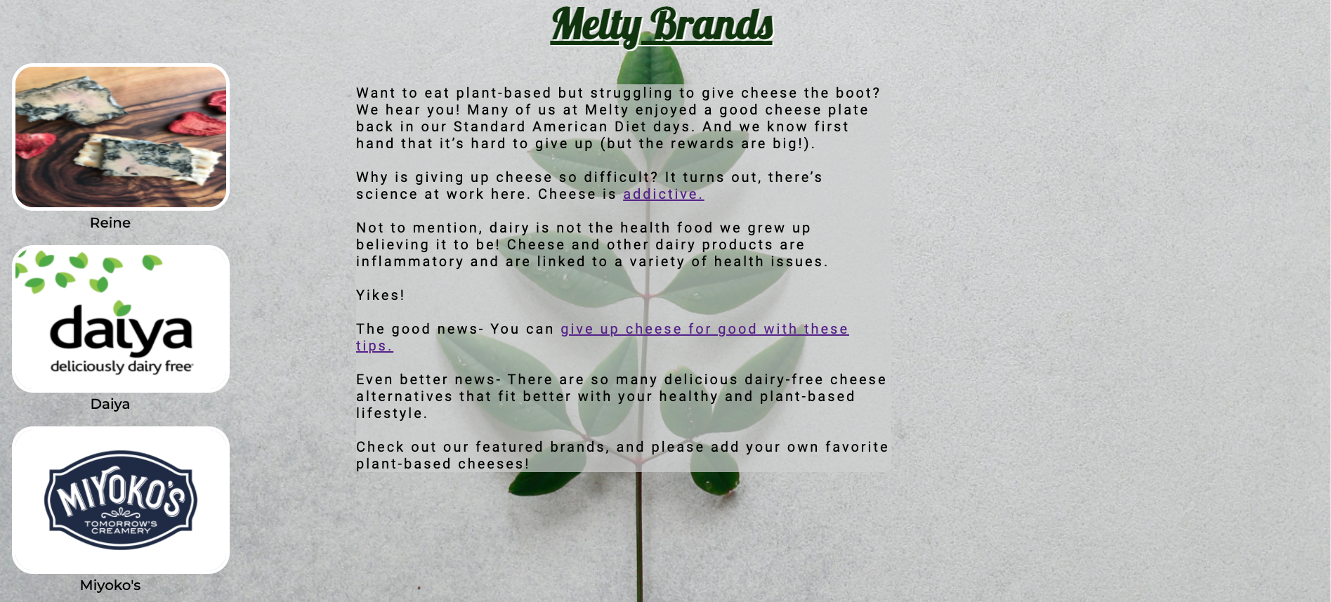 Melty brands page, showing clickable images on left, including call to action and navigation at top to add a brand